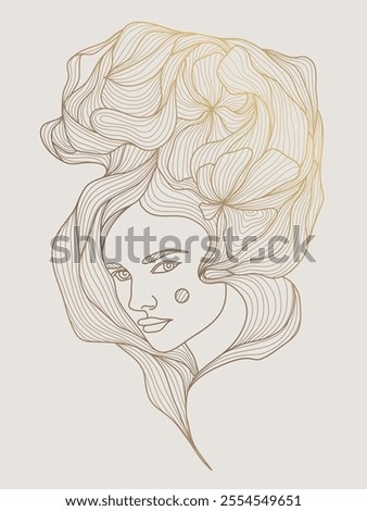 Vector woman logo face, art deco line beauty illustration. Golden hair fashion, spa care, cosmetic icon. Luxury feminine print 