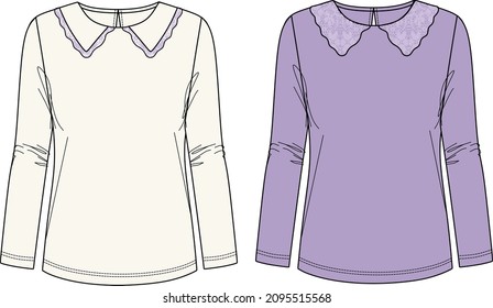 Camiseta de manga larga con collares y adornos de dibujo técnico, blusa de cuello redondo de mujer plana, CAD de moda, sketch, plantilla, burla. Parte superior de Jersey con vista frontal, trasera, color blanco