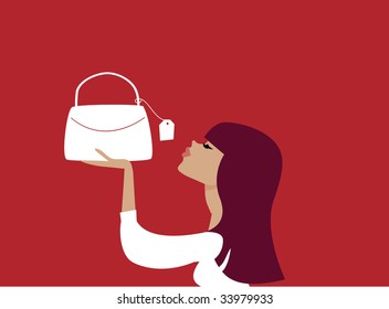 Vector Woman looking at expensive handbag