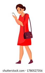 Vector woman looking at phone during walk on street. Social media network chatting instead live communication on date. Digital gadget addiction. Society problem and technology