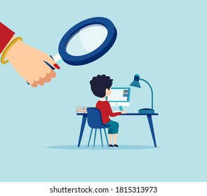 Vector of a woman looking through magnifying glass at a child using computer 