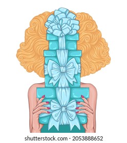 Vector woman with lush curly hairstyle. Yellow wavy hair. Blonde girl holding gift turquoise boxes decorated with mint ribbons and bows. Holiday presents Christmas and Happy New Year. Design greeting