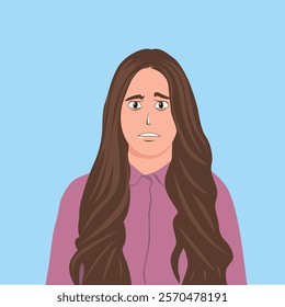 vector of a woman making a displeased expression, wearing casual clothes with long brown hair on a light blue background.