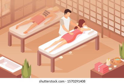 Vector of a woman and man lying on a table while therapist doing healing massage on her sore back