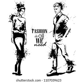 Vector woman and man models wearing casual style, splash stile. Fashion is all we need