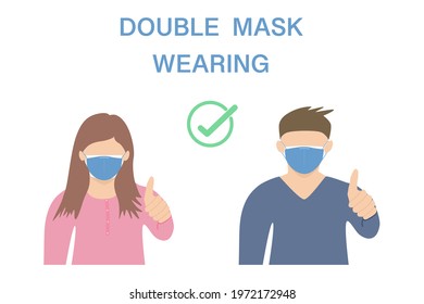 Vector - Woman and man wearing double face mask to protect from Coronavirus (Covid-19) pandemic. Sign hand good. Information how to protection virus. Healthcare, medical concept.