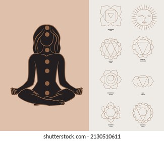 Vector Woman Meditating with Chakra Symbols and Icons in Yoga Pose.  Woman sitting in Lotus Pose with Energy signs.