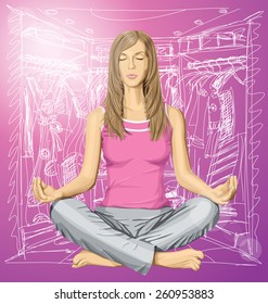 Vector woman meditating in lotus pose thinking about shopping