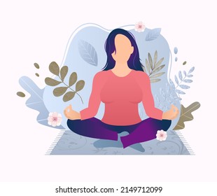 Mujer vectora meditando y relajándose. Muchacha pacífica sentada en una pose de loto. Chica haciendo elección. С concepto de éxito, paz, armonía, tormenta de ideas.