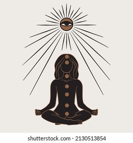 Vector Woman Meditating with Sun Eye Illustration, Peaceful Chakra female sitting for Prints,Posters, T-Shirts, Postcard and More.