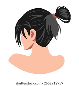 Vector of woman with messy ponytail and side bangs from back view. Perfect for hairstyle tutorials, beauty content, or fashion design. Flat and modern illustration.