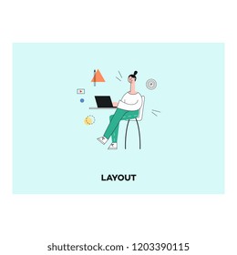 Vector woman mobile or web applications designer sitting at her workplace at home working behind laptop sitting at chair with abstract symbols on green background. Stylized illustration