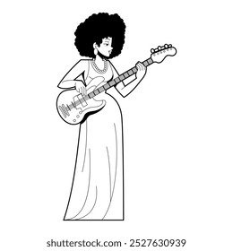 Vetor Mulher Músico Guitarra Jazz Banda Tocando Personagens de Desenho Animado Ilustração Isolada