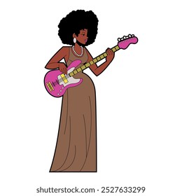 Vetor Mulher Músico Guitarra Jazz Banda Tocando Personagens de Desenho Animado Ilustração Isolada