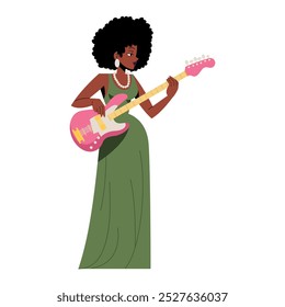 Vetor Mulher Músico Guitarra Jazz Banda Tocando Personagens de Desenho Animado Ilustração Isolada