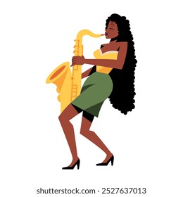 Vetor Mulher Músico Saxofone jazz Banda Personagens de Desenho Animado Ilustração Isolado