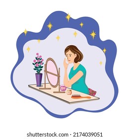 Vector, woman near the mirror applying cream to her face in the evening, dressing table with cream and hair comb, illustration in the background with stars
