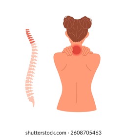 Vector woman with neck pain in the cervical spine. Flat sick girl with inflammation and in the back. Medical problem of backache