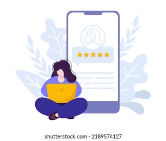 Vector woman with notebook online satisfied customer give rating 5 stars on phone. Flat people feedback illustration by giving 5 stars rating. Online shopping review.