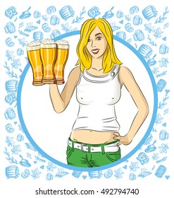 Vector woman on oktoberfest. Octoberfest woman with beer