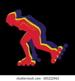 vector woman on skates silhouette. color sketch.black background