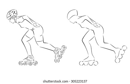 vector woman on skates silhouette. black and white sketch.white background