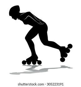 vector woman on skates silhouette. black and white sketch.white background