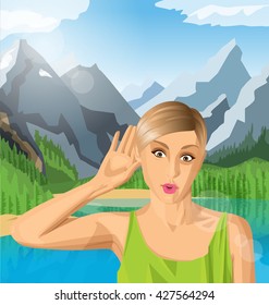 Vector woman overhearing something with her ear and hand, very surprised