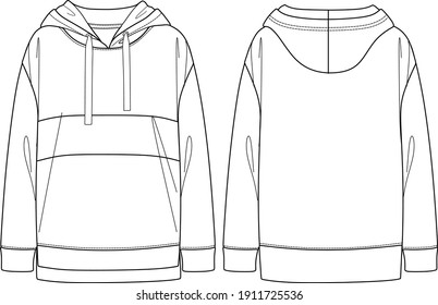 Vector woman oversize sweatshirt fashion CAD, long sleeved hooded sweatshirt technical drawing, template, sketch, flat. Fleece or woven fabric unisex sweatshirt with front, back view, white color