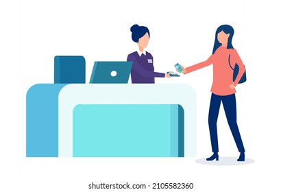 Vector of a woman paying at hotel check out with a smartphone digital wallet 