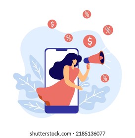 Vector woman from phone screen shouting into megaphone about discounts. Girl warning about seasonal sales flat illustration shopping. Online campaign concept for banner, website design or landing web