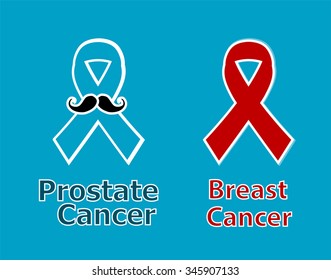 Vector woman pink breast cancer ribbon awareness and blue prostate cancer ribbon awareness