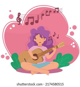Vektorfrau, die beim Singen Gitarre spielt. flache Cartoons einzeln auf weißem Hintergrund. Vektorgrafik.