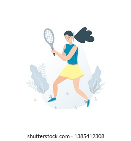 Vector woman playing tennis. Sportswoman holding rackets and hitting ball isolated on white background. Flat cartoon r illustration. Outdoor activity