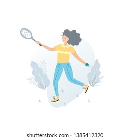 Vector woman playing tennis. Sportswoman holding rackets and hitting ball isolated on white background. Flat cartoon r illustration. Outdoor activity