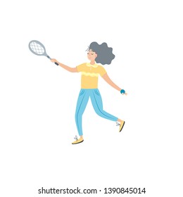 Vector woman playing tennis. Sportswoman holding rackets and hitting ball isolated on white background. Flat cartoon r illustration. Outdoor activity