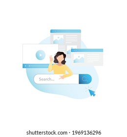 Vector woman points finger to address bar, search engine, where to enter query in browser on Internet. Recommends actions on site step by step, instructions for use. Arrow cursor clicks on web page.