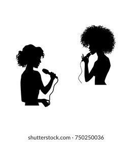 vector woman portrait - caucasian and afro american silhouettes singing with microphone set. Isolated illustration on white background. Karaoke club design logo elements