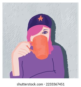 vector woman portrait with a cup of tea. Woman in bite. Poster