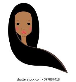 Vector woman portrait. Long hair style icon. Pretty young girl face. Portrait of pretty young girl with long black hair. Avatar.