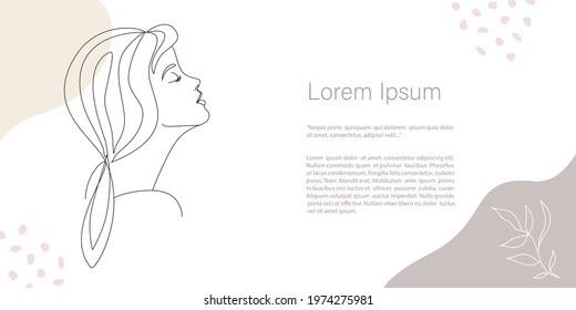 Vector woman Portrait one line, Abstract minimalistic, leaves and flower in  pastel colors. Continuous line art.  Template with copy space for text  for invitation, cards, banner and poster, Landing