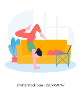 Vector Woman practicing Garbha Pindasana asana or fetal position in the womb. Girl doing yoga exercises at home