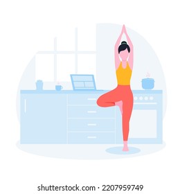 Vector Woman practicing Garbha Pindasana asana or fetal position in the womb. Girl doing yoga exercises at home