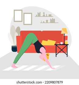 Vector Woman practicing Garbha Pindasana asana or fetal position in the womb. Girl doing yoga exercises at home. vector