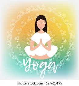 Vector woman practicing yoga in circle frame. -stock vector