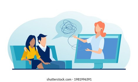 Vector of a woman psychologist consulting young couple online. 