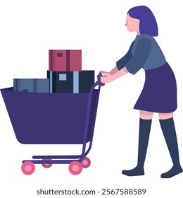 Vector woman pushing shopping cart icon isolated