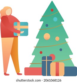 Vector woman putting wrapped gift box under decorated Christmas tree for family icon. Happy new year, merry xmas preparation and celebration
