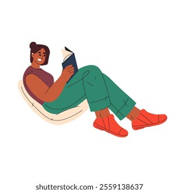 Vector woman read book or study text. Vector female reading nonfictional or fictional literature or girl student study for university, school. Literature relaxation and casual reader. Home studying