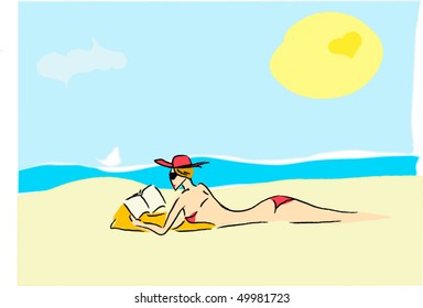 vector woman' reading book on the beach